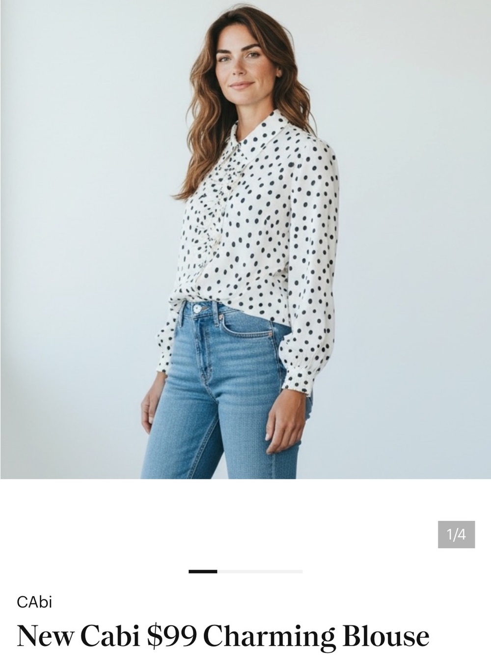 CAbi White and Black Polka Dot Ruffle Front Blouse NWT